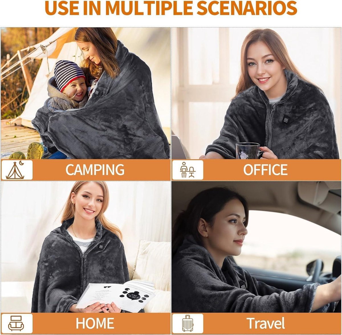 Electric blanket with USB connection - Cordless heated blanket with 3 temperature levels - Machine washable
