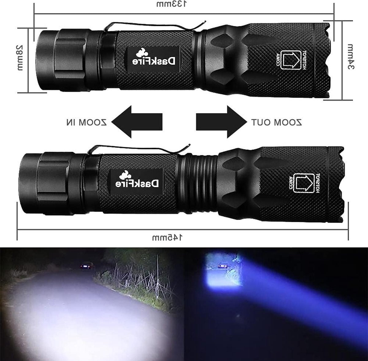 Superbright 4-in-1 LED flashlight with 900 lumens red, green, and blue light - multi-functional and waterproof with adjustable focus torch