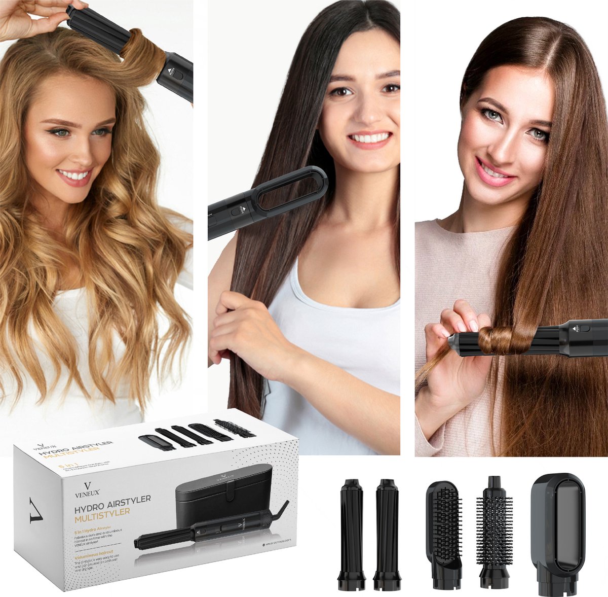 VENEUX® Föhnborstel - Airstyler - Krulborstel - Krultangen - 5 in 1 Multistyler - Met Opbergcase - Zwart