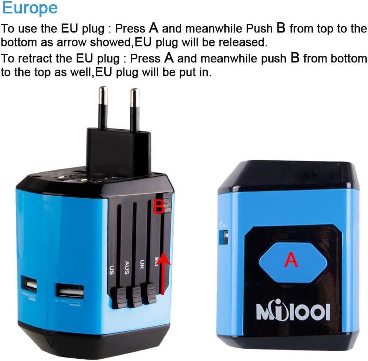 Universal Travel Adapter with 2 USB Ports for 180 Countries UK/EU/US/AU - House Shape Blue
