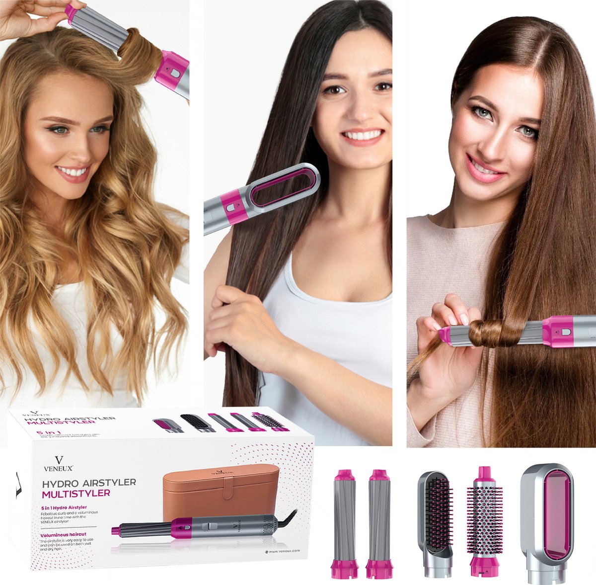 VENEUX® Föhnborstel - Airstyler - Krulborstel - Krultangen - 5 in 1 Multistyler - Met Opbergcase - Grijs