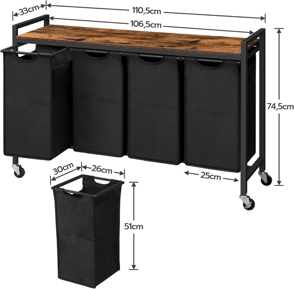Laundry sorter 4 compartments - Laundry basket 4 compartments 4x 39 Liters - Laundry basket with storage shelf - Laundry sorter - Double laundry basket - Duo Laundry basket - Laundry baskets - Black