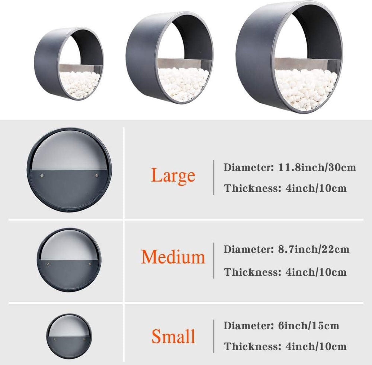 Plantenbak - Set van 3 metalen ronde plantenbakken voor aan de muur, hangende muurvaas, bloempot voor binnen woondecor benodigdheden voor planten, cactus, vetplanten, sappig mos donkergrijs - hangend - 10 cm dik