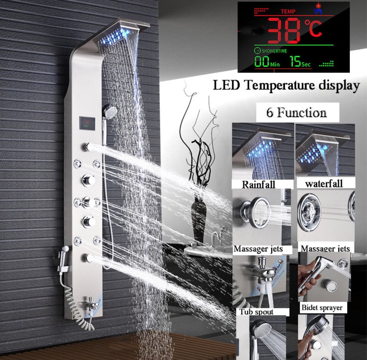 Shower panel SaniSupreme with Massage - Rain shower - Massage Jets - Waterfall Shower - With Thermostatic tap and Handheld shower - Silver - Surface-mounted - Shower head