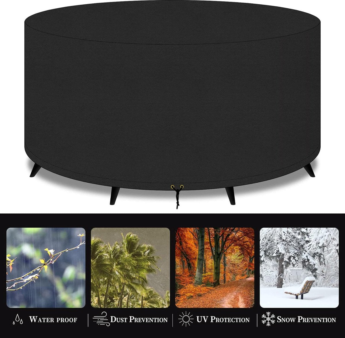 Large ronde tuintafel meubelhoes 420D Oxford-stof outdoor patio ronde set hoes voor stoelset, waterdicht, winddicht, anti-UV, tuinhoezen 130 x 70 cm, zwart