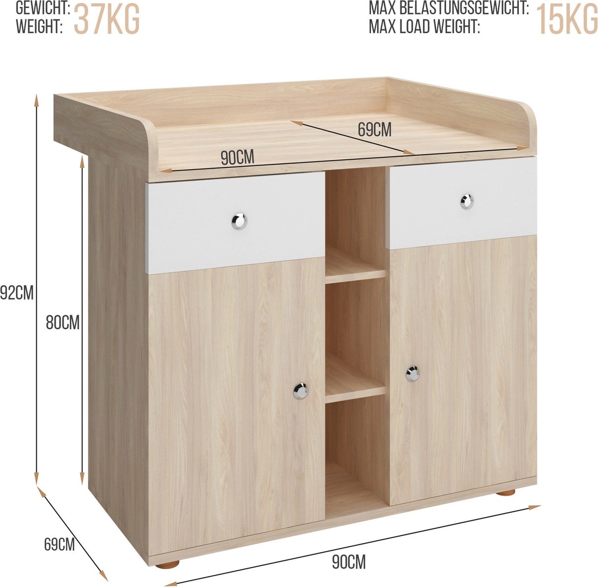 Infantastic - Babycommode met 2 grote lades en 5 vakken - Ladekast met Opbergruimte - Veelzijdig Omkleedmeubel met Organiser - 90x69x92 cm (LxBxH) - Eikenfineer
