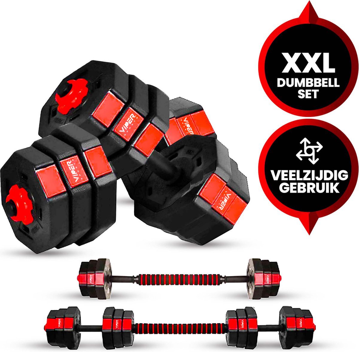 Viper Sports Adjustable Dumbbell set up to 30kg – Dumbbell set – Professional 2-in-1 Dumbbell set with weights – Strength training – User-friendly Fitness Barbell – Red