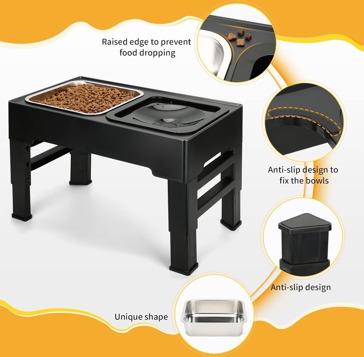 Elevated Dog Bowl (2 x 1.6 L), 4-Way Adjustable Height Food Stand with Dog Bowl, Stainless Steel and Leak-Proof Water Bowl, Foldable and Non-Slip Feeder for Dogs, Raised for