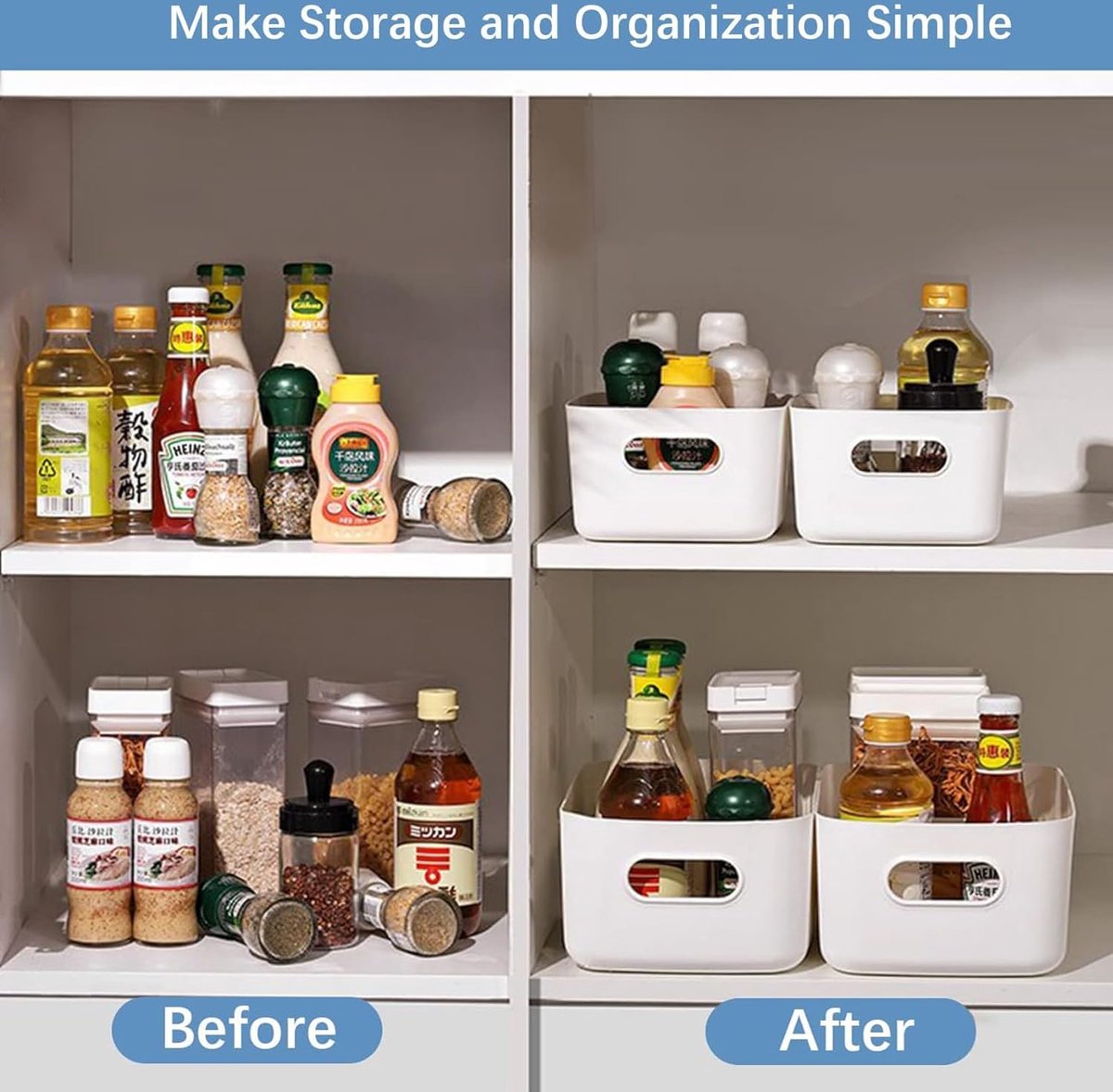 Pack of 10 storage boxes, plastic storage basket, kitchen cabinet organizer with handles, baskets, plastic box for bathroom, kitchen, pantry (white, medium)