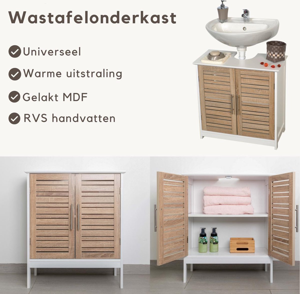 Miami - Wastafelonderkast - Wastafelmeubel - Badkamerkast - Wit/Eiken - H70 x B60 x D30 - Badkameronderkast