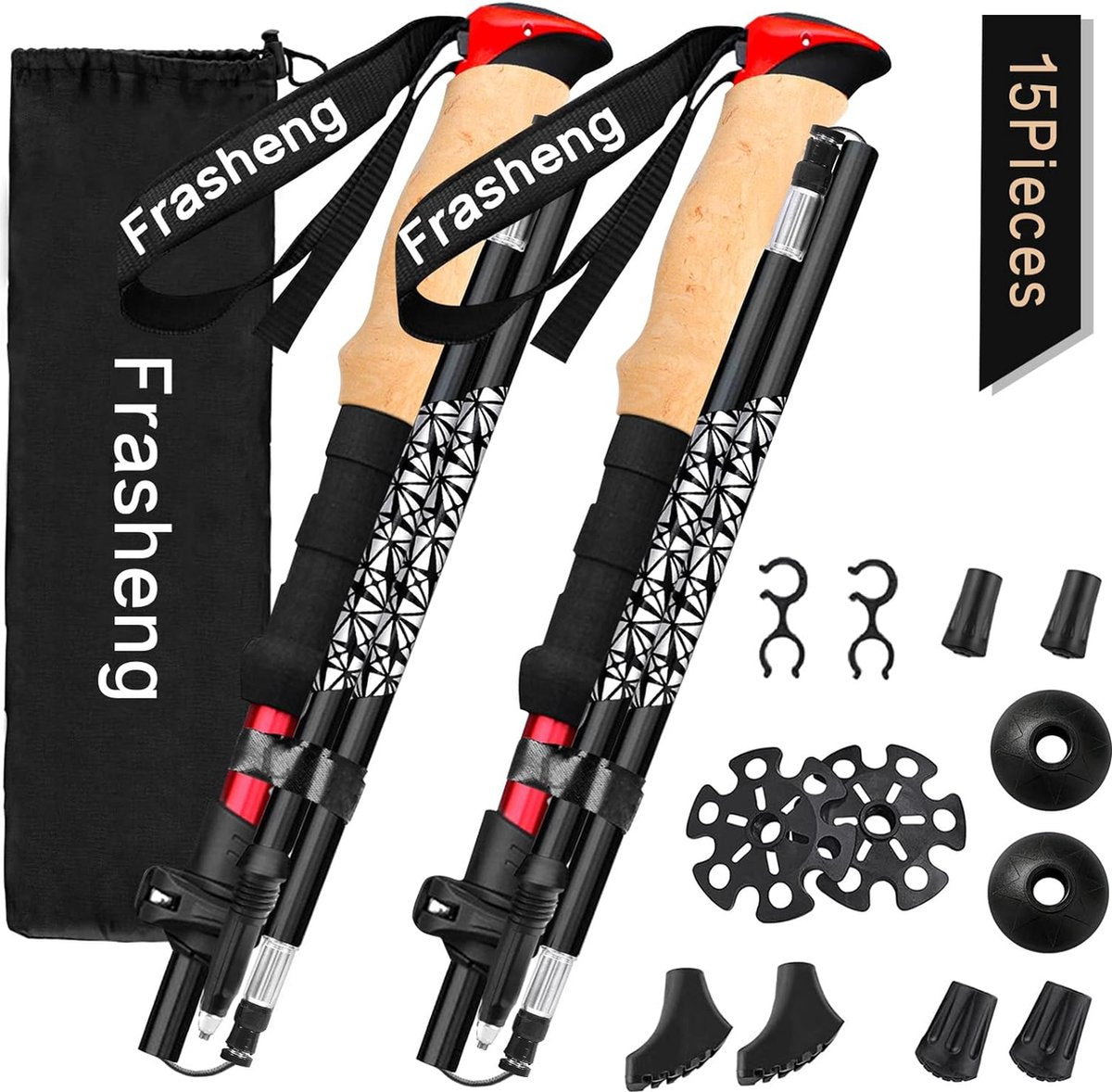 Vouwbare aluminium wandelstokken met kurken handvat, trekkingstokken, nordic walking stokken, telescopisch opvouwbare en verstelbare wandelstokken, met 4 paar rubberen doppen voor trekking, 135 cm.