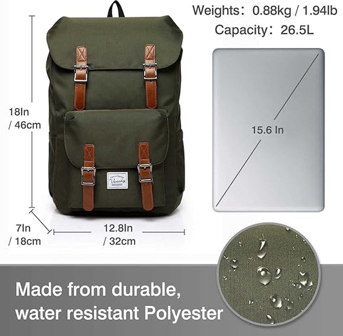 Outdoor Canvas Rugzak, Waterdichte Reizen Wandel Kampeer Rugzak Tas, Grote Casual Daypack, College School Rugtas, Schoudertas voor 15" Laptop Tablets