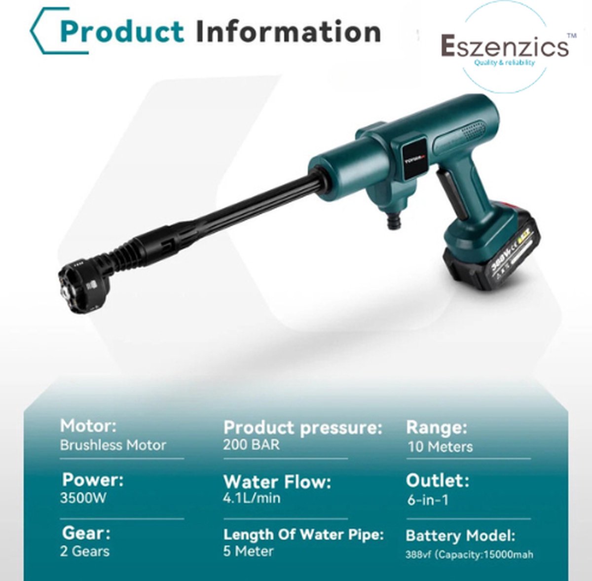 Eszenzics™ Electric High-Pressure Cleaner - 6in1 Car Wash - 3500W 200bar - Brushless - Water Gun For Makita, incl. 2 batteries 18 V - Garden - Irrigation - Spray Gun
