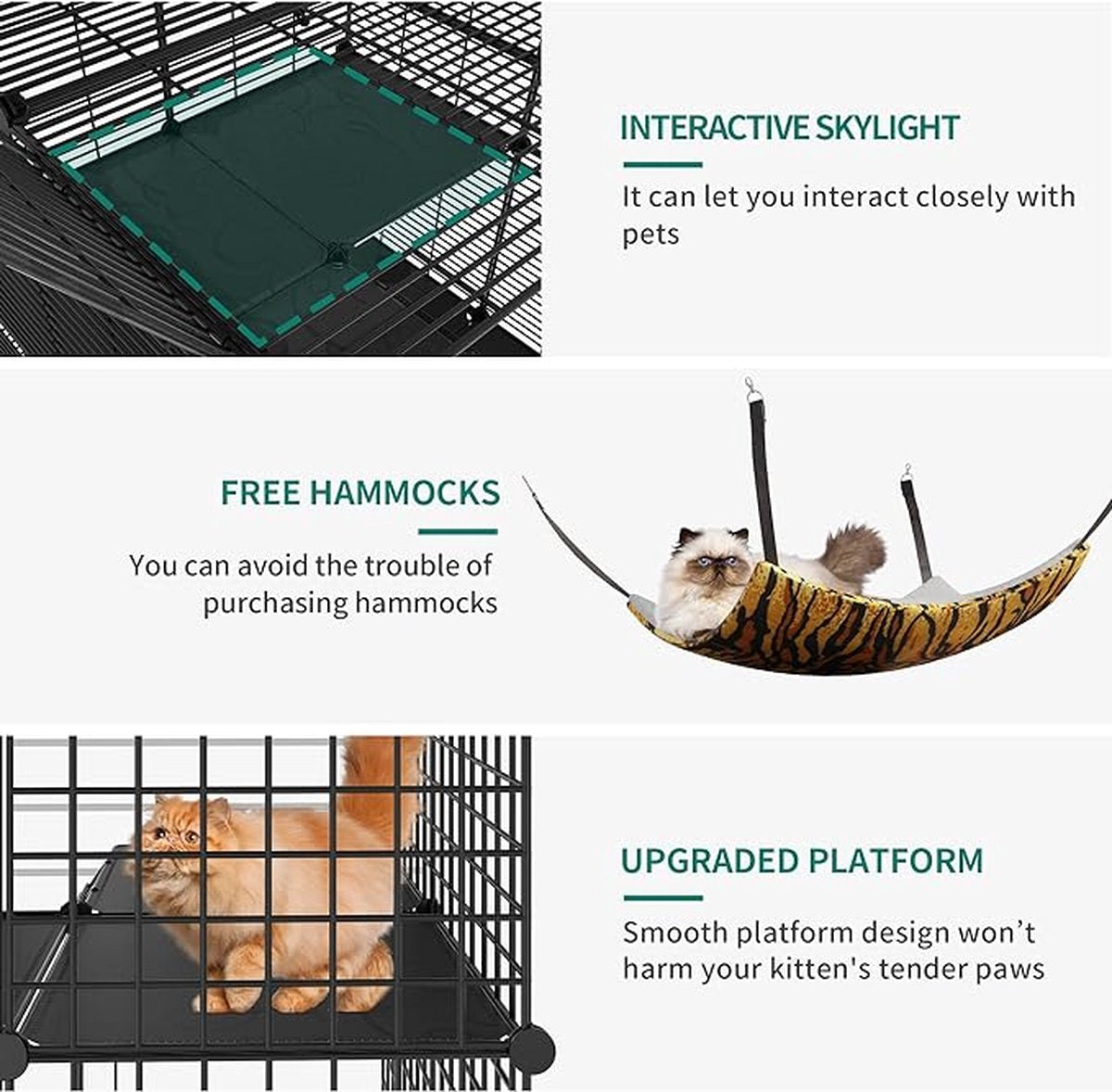 3-Tier DIY kattenkooi met hangmat voor 1-2 katten - binnenverblijf voor katten met metalen draad dichtheid - geschikt voor fret, chinchilla, konijn 72 x 72 x 104 cm