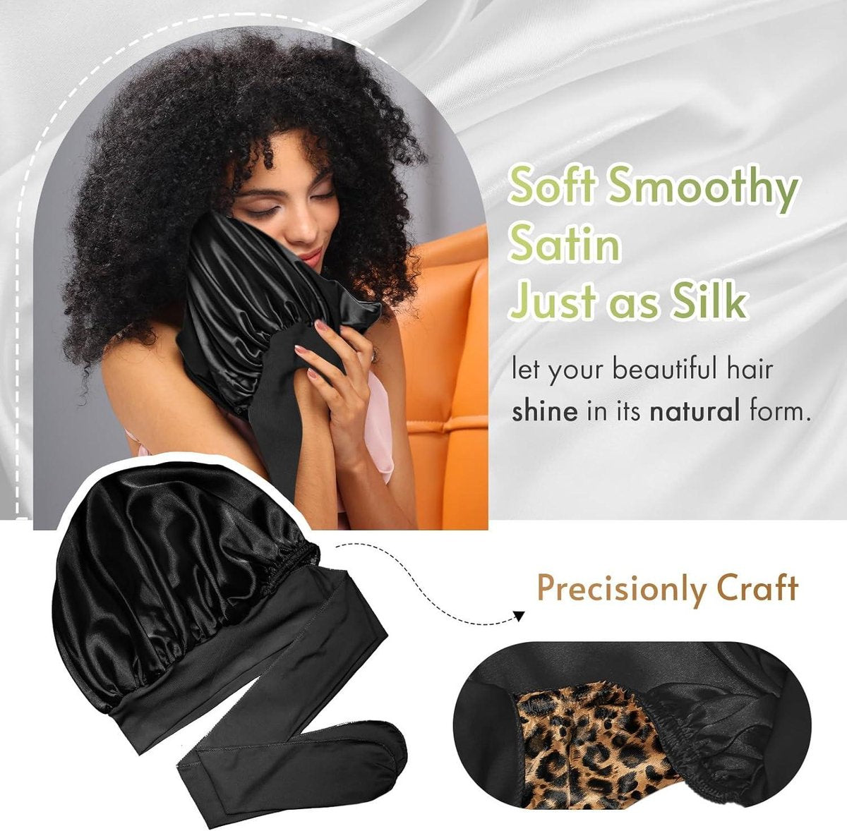 Silk Reversible Sleep Cap - Double-Sided Cap for Curly Hair - Elastic Band - Leopard Print