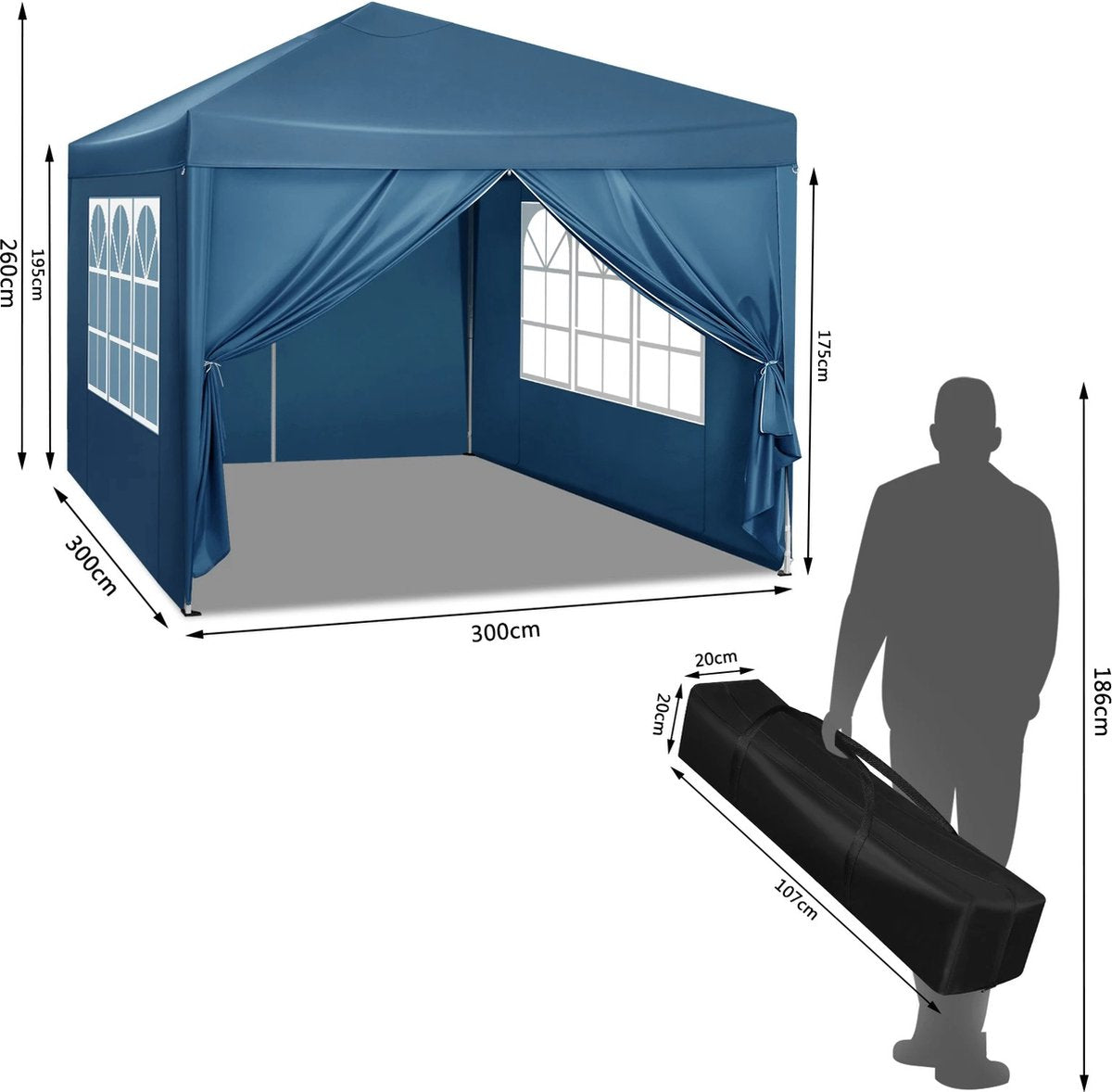 J&R Partytent - Paviljoen - Opvouwbare Luifel - Tuin tent - Waterdicht - Uv Bescherming - met Draagtas - Pavillon - Prieel - Zijpanelen - 3x3m - Blauw