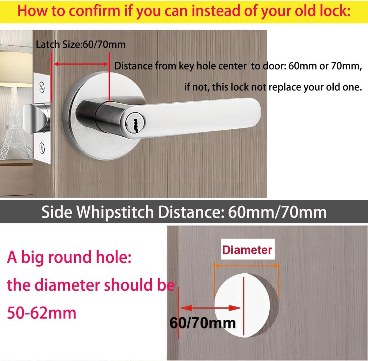Door Handle Lock Interior Privacy for Bedroom-Closet-Office, Size 60/70mm Round Silver Door Knob Latch