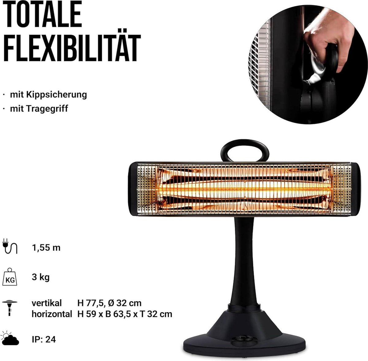 Heater Elektrische Terrasverwarmer 4923 verwarming elektrisch infrarood - binnen buiten - terras serre - zwart