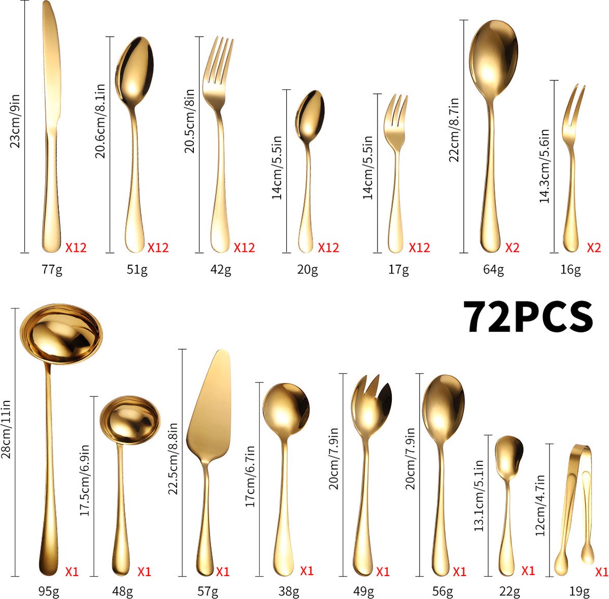 Cutlery set (72-piece) - Spoons, Knives, Forks & Steak Knives - Dishwasher safe - Silver / Stainless steel cutlery set for 12 people