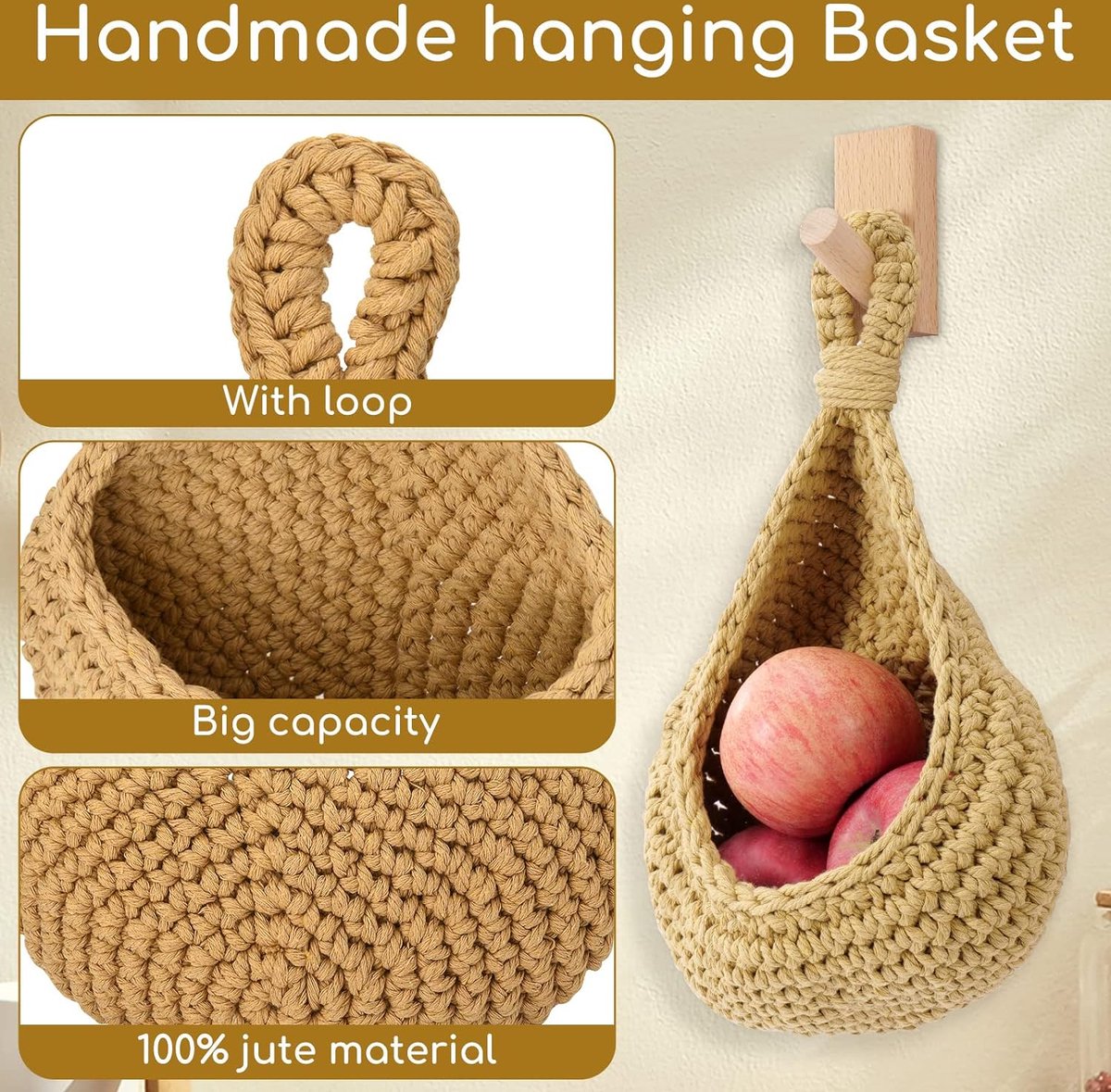 Hangmand, fruitmand, hangende wandmand, opbergmanden, gevlochten wilgenmand, om aan de muur te hangen, voor groenten en fruit, van natuurlijk riet, met 3 haken