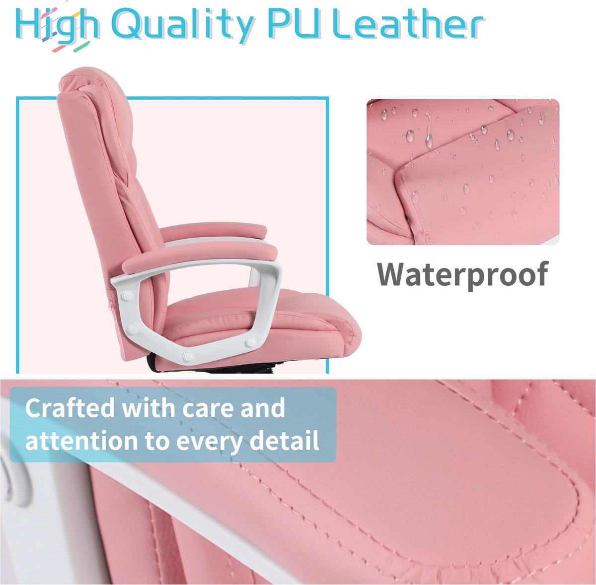 Pink Office Chair - Adjustable backrest - Waterproof and breathable - Maximum load 90 kg - PU leather fabric