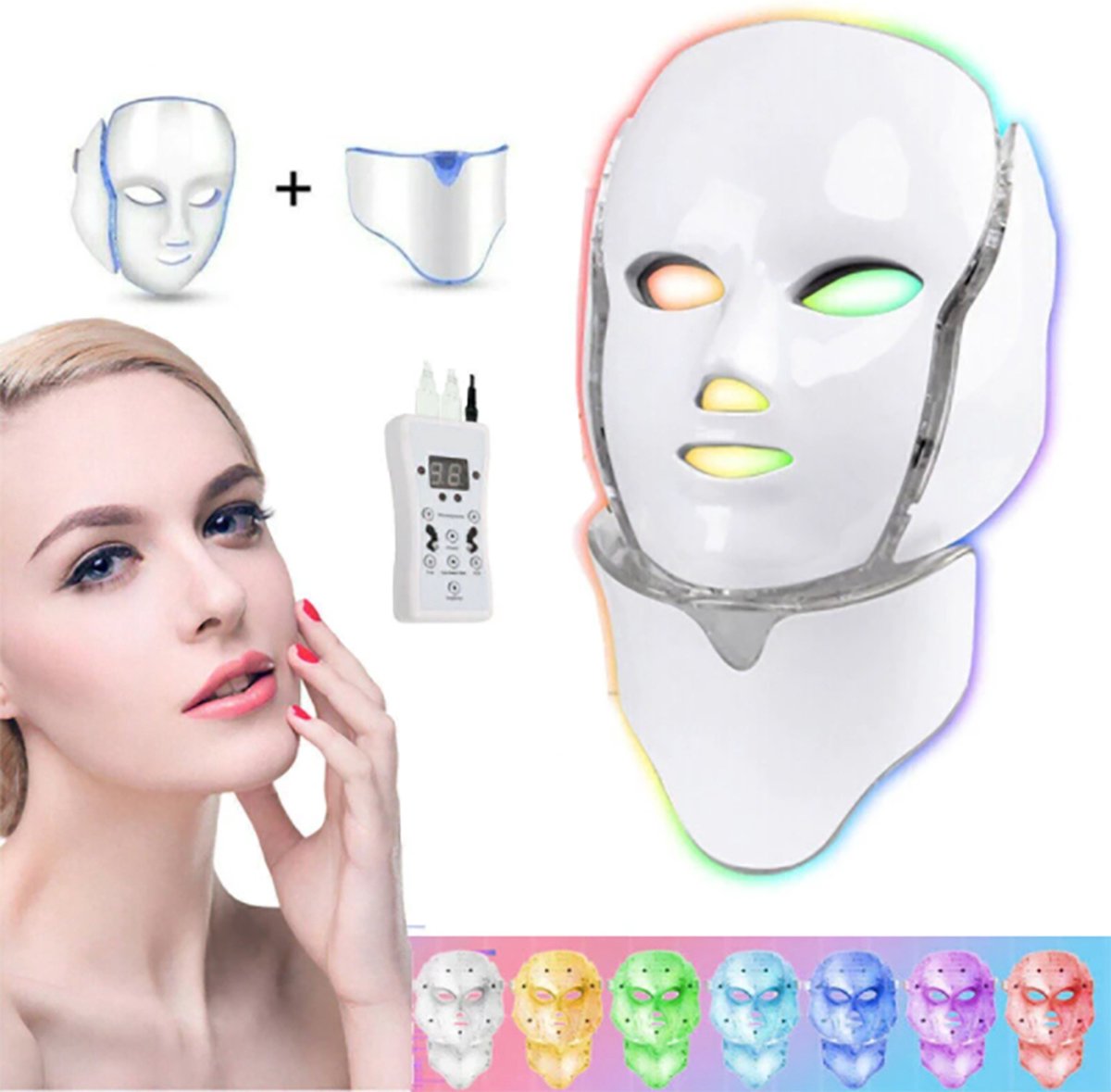 LED Face Maker - 7 Colors - Face Mask - Light Therapy - Mask for Face - Against Acne, Dry Skin & Wrinkles - White