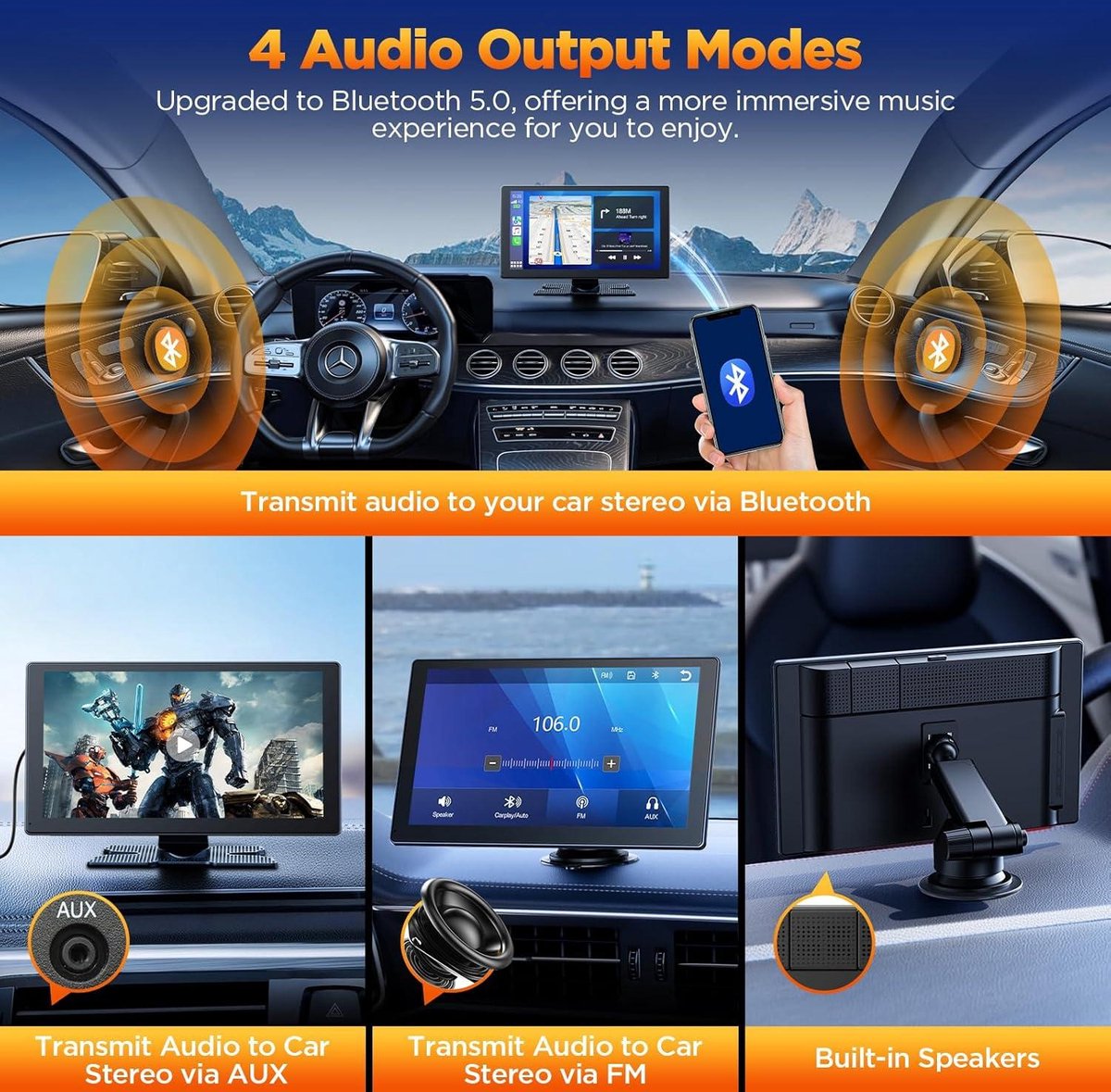 9 inch Carplay-scherm met 4K-dashcam - 1080p achteruitrijcamera - draagbare autoradio - draadloze A-pple Carplay - Android Auto - Mirror Link - GPS-navigatie - G-sensor - loopopname - AUX - FM Dashcam voor auto