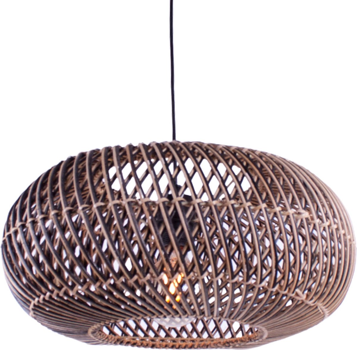 Rattan pendant lamp Stripes | 1-light | black / natural | rattan / metal | Ø 40 cm | height adjustable up to 140 cm | dining room / dining table / living room lamp | modern / rustic design