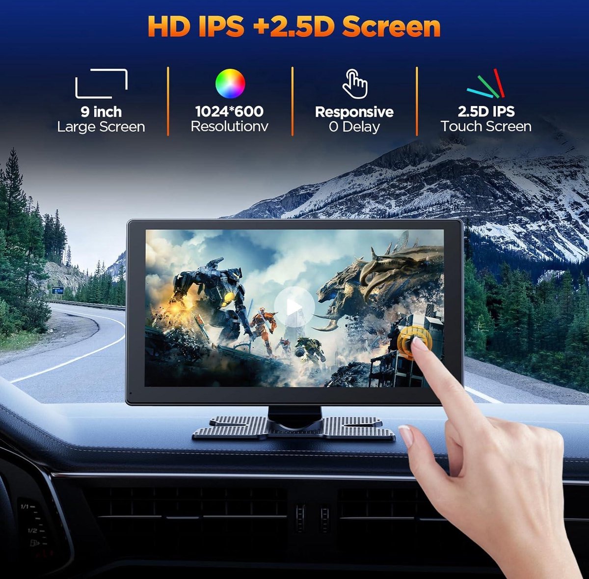 9 inch Carplay-scherm met 4K-dashcam - 1080p achteruitrijcamera - draagbare autoradio - draadloze A-pple Carplay - Android Auto - Mirror Link - GPS-navigatie - G-sensor - loopopname - AUX - FM Dashcam voor auto
