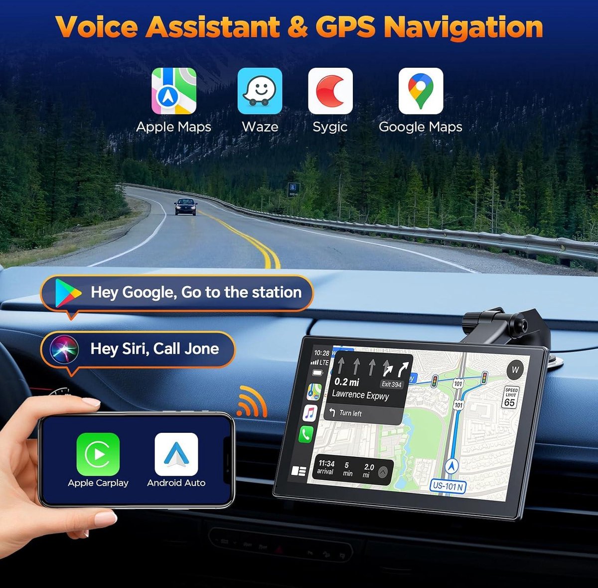 9 inch Carplay-scherm met 4K-dashcam - 1080p achteruitrijcamera - draagbare autoradio - draadloze A-pple Carplay - Android Auto - Mirror Link - GPS-navigatie - G-sensor - loopopname - AUX - FM Dashcam voor auto