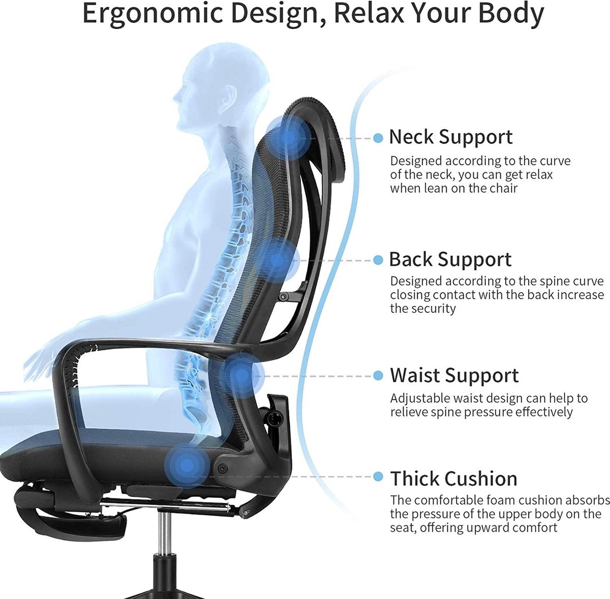 Mfavour ® Ergonomic Office Chair with Footrest, Office Chair, Ergonomic Desk Chair with Adjustable Lumbar Support, Armrest and 170° Reclining Backrest - up to 150 kg – Black