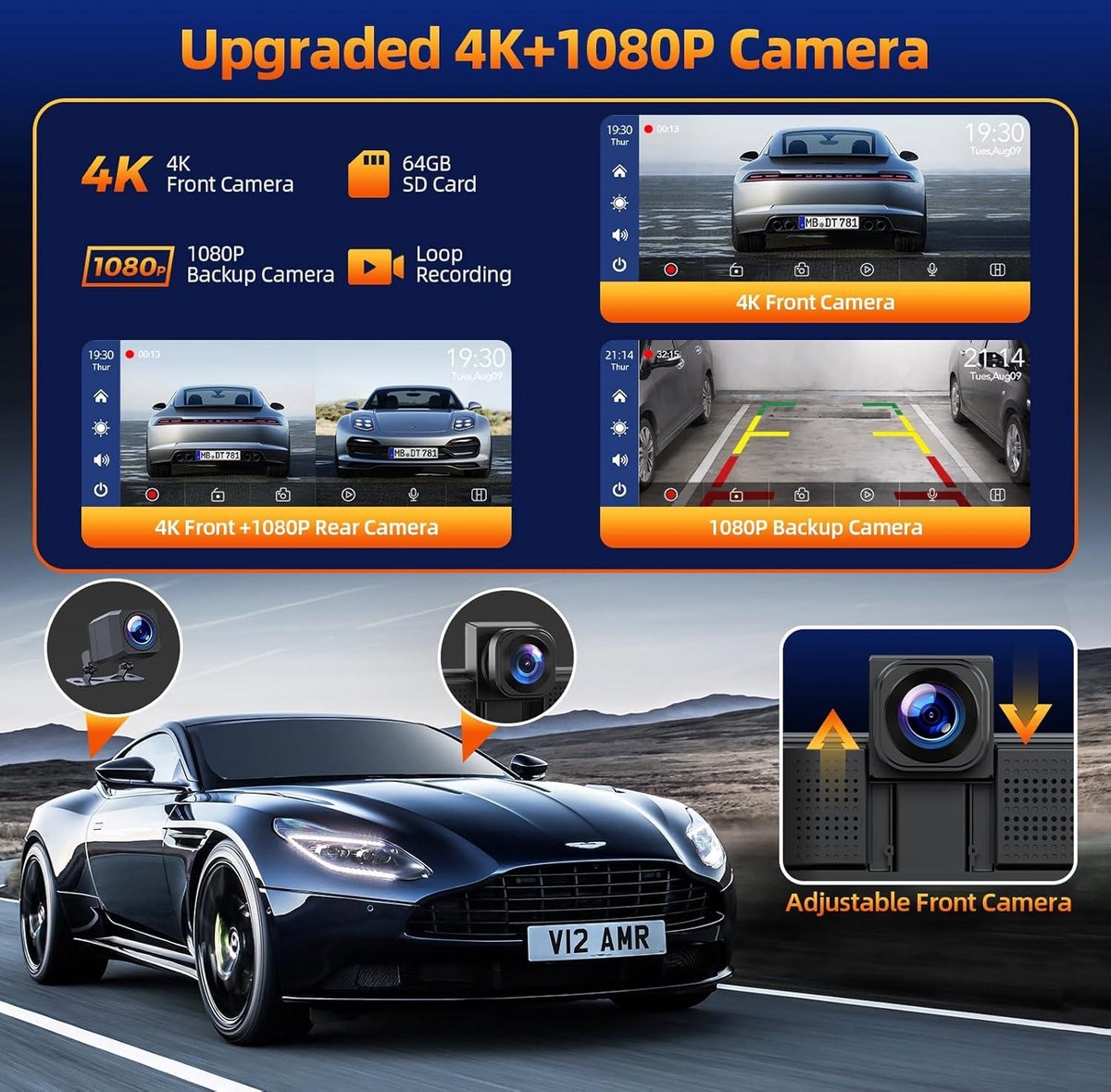9 inch Carplay-scherm met 4K-dashcam - 1080p achteruitrijcamera - draagbare autoradio - draadloze A-pple Carplay - Android Auto - Mirror Link - GPS-navigatie - G-sensor - loopopname - AUX - FM Dashcam voor auto