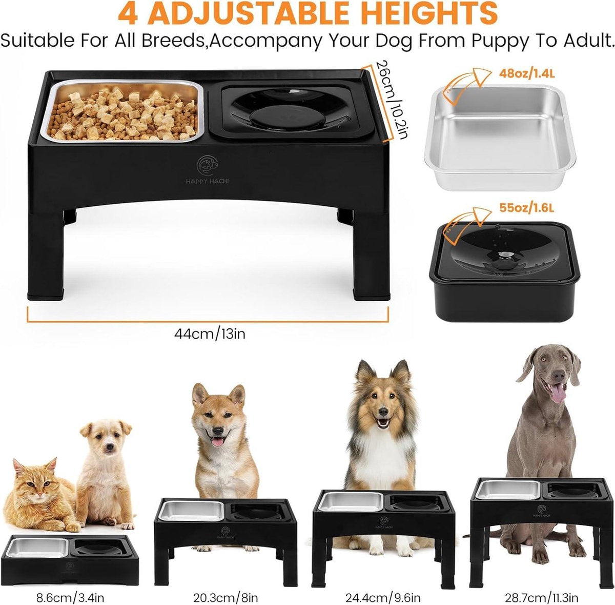 Raised Dog Bowl 16L - Stainless Steel - No Spill - 4 Adjustable Heights - Large Dogs