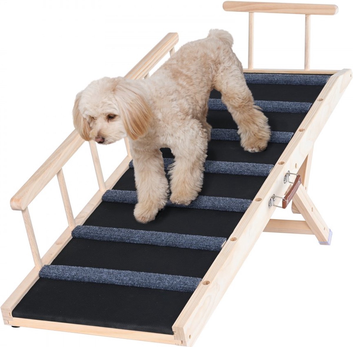 Dog ramp, 1,2 m lange hondentrap met 7 dwarsbalken, hondenautoloopplank van grenenhout, rubberen hondeninstaphulp, 6-traps hoogte-instellingen, dierenloopplank, ca. 113 kg draagvermogen, voor grote en kleine honden