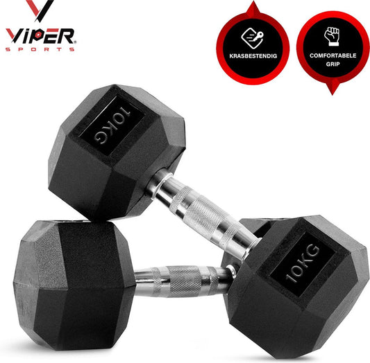 Viper Sports IJzer Zwarte Gewichten 2 x 10 kg – Dumbbells – Dumbbellset – Antislip – Zeshoekig design – Hexagon-Design - RVS/Rubber – Zilver/Zwart