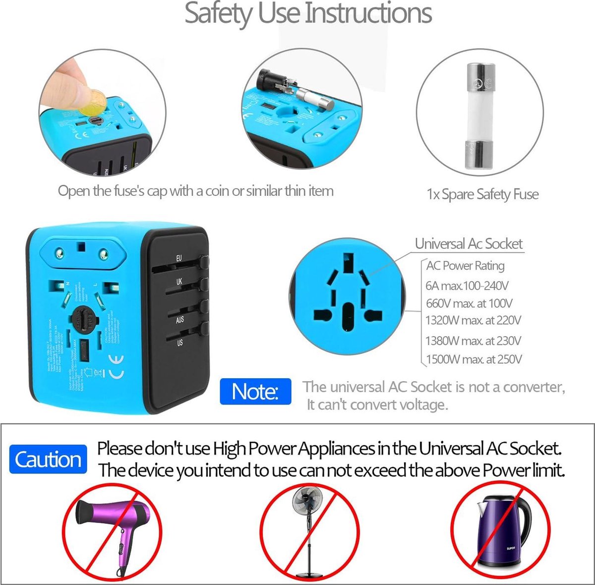 Universal Travel Adapter - 3 USB 1 USB C 1 AC - Reisadapter voor Wereldwijd Gebruik