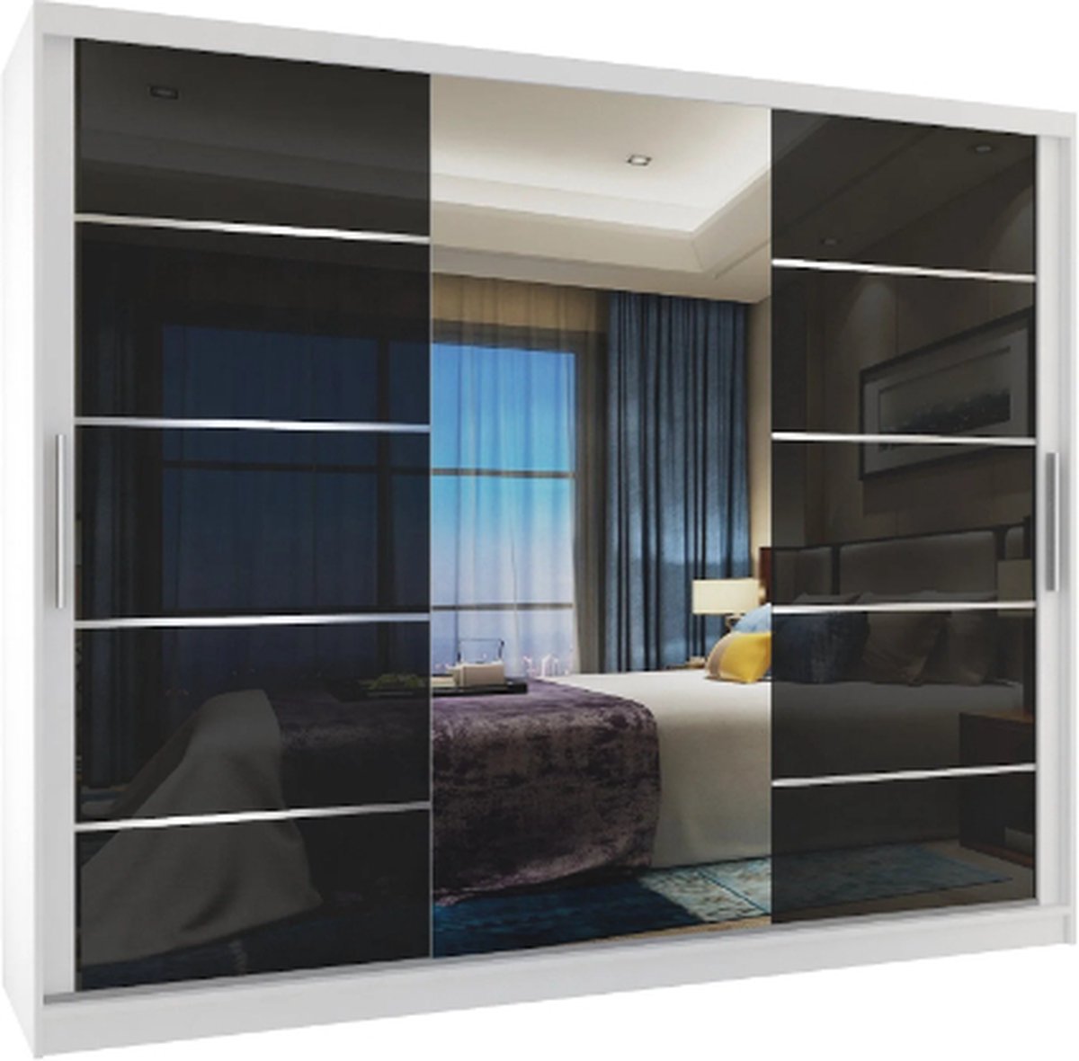 Wardrobe Bedroom White Black 235 cm-Sliding Door-Mirror-Drawers-Wardrobes-Sliding Door Wardrobe-Closet
