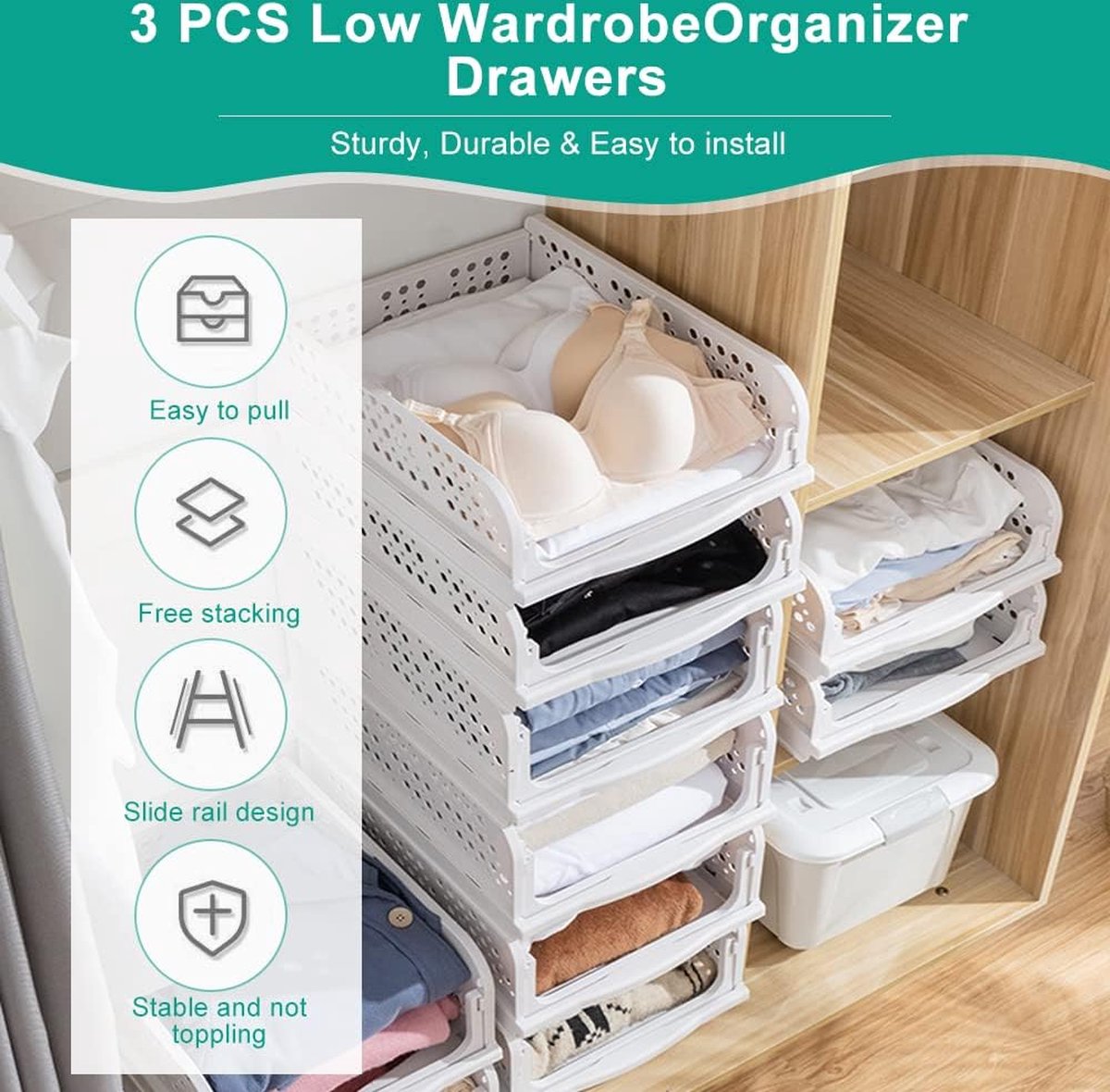 Set van 3 ladekasten Kledingkast Ladekasten Stapelbare plank voor kledingkast Binnen Opvouwbare opbergdozen Lade Wit Stapelbare lades voor kleding Slaapkamer Keuken Badkamer