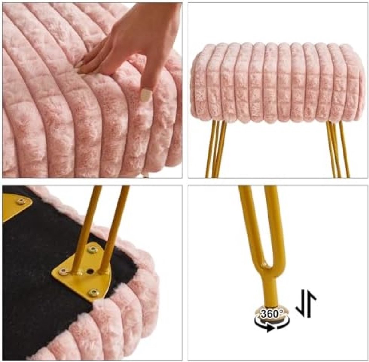 Rectangle footstool ottoman, make-up vanity stool side table, Velvet dressing table chair, Pouf bench stool, Golden steel legs, Square grid pattern, Pink