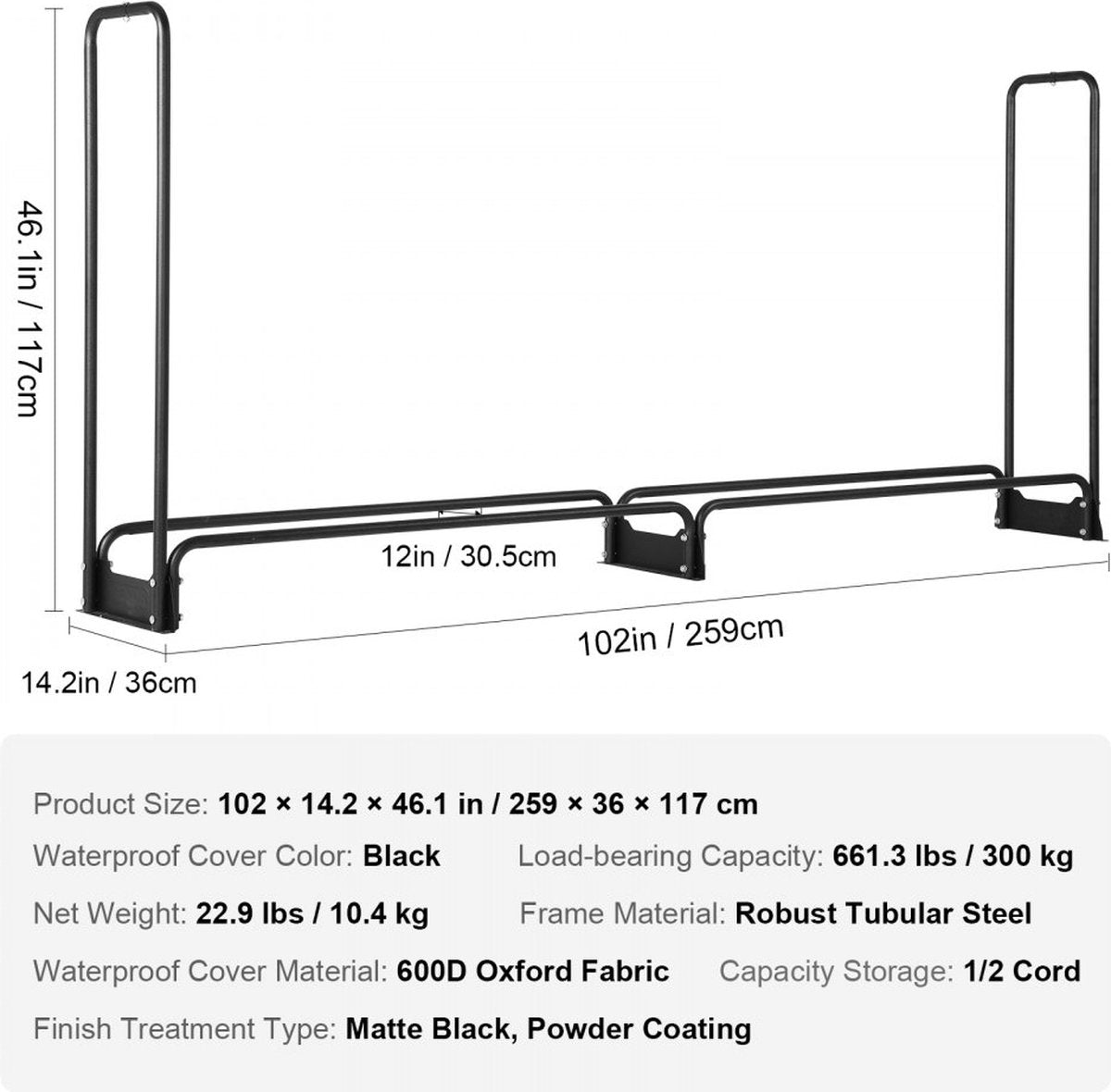 brandhoutrek metaal 259x36x117cm brandhoutrek stalen frame gepoedercoat brandhout onderdak 300kg met waterdichte hoes stapelhulp houten onderdak voor veranda tuin terras tuin