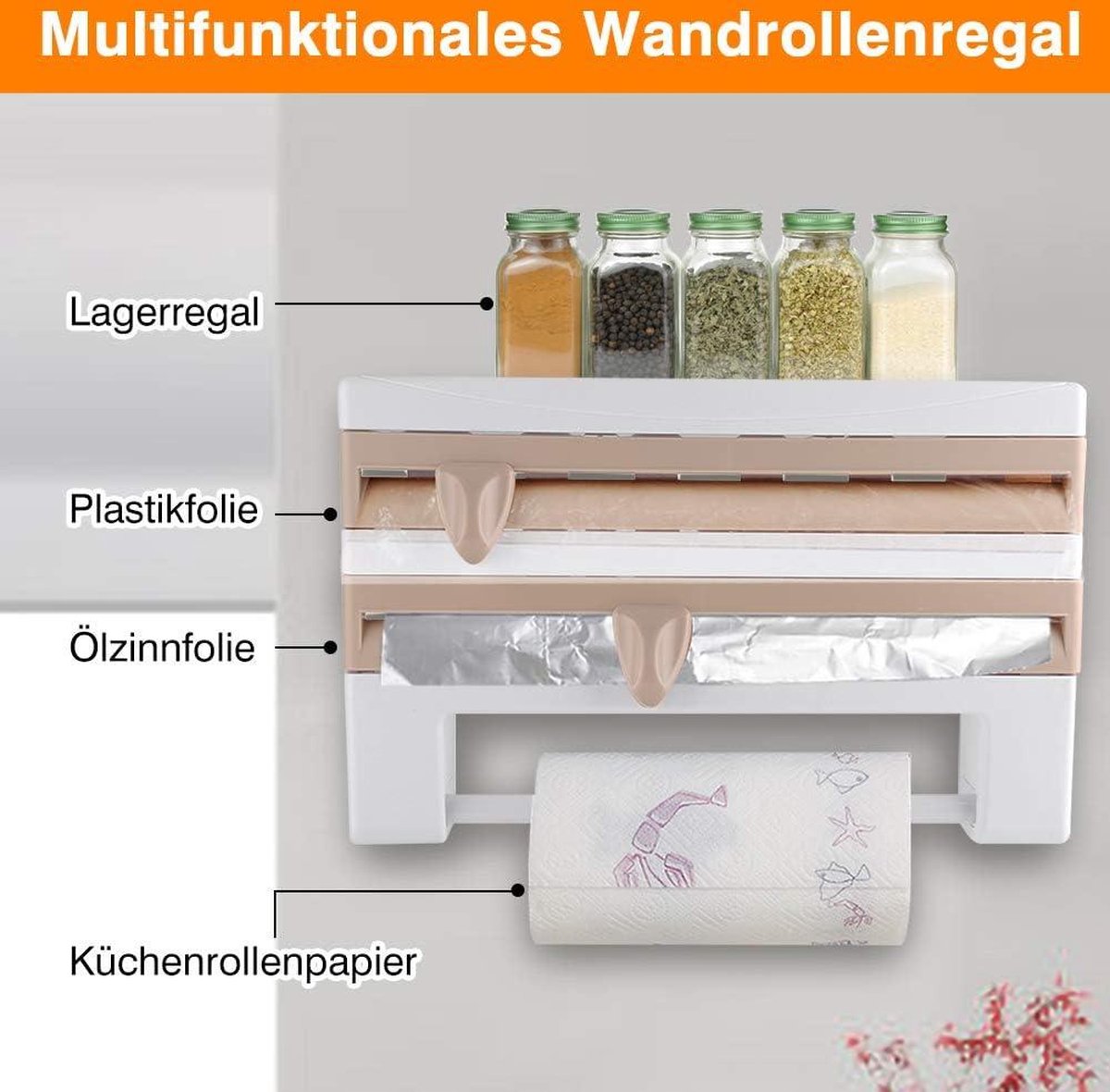 Foliehouder Wandrol met plank - Keukenrolhouder en foliesnijder - Papierrolhouder voor keukenrol - Aluminiumfolie Vershoudfolie Papieren handdoekhouder - Houder Keukengereedschap (kaki)