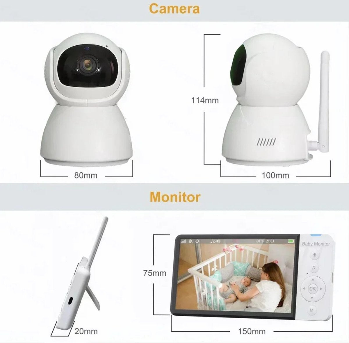 Eszenzics™ Babyfoon - Draadloos - 5 inch LED scherm - HD 1080p - 2-weg communicatie - Infrarood nachtzicht - Muziek - Uitbreidbaar met extra camera - Tot 200m'
