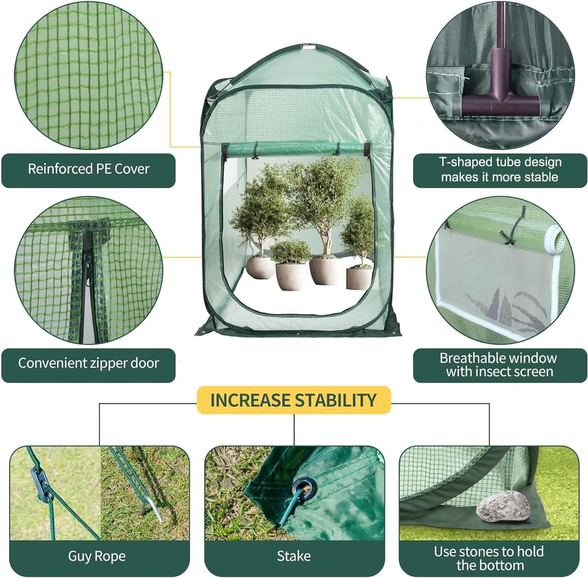 Small greenhouse for plants, pop-up tomato greenhouse with roll-up cover, mini-greenhouse for indoor and outdoor use, 94 x 94 x 122 cm