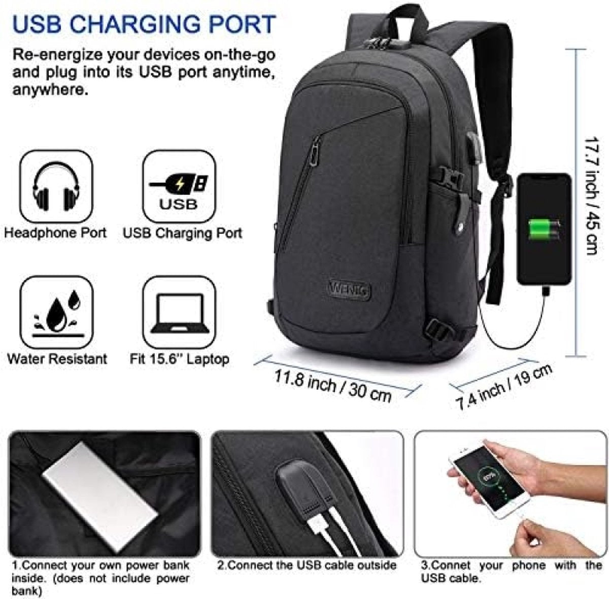 Laptop Rugzak, Zakelijke Anti-diefstal Rugzak voor Mannen Vrouwen met USB-oplaadpoort en Slot, Slanke Duurzame Waterbestendige Schooltas Computertas Geschikt voor 15,6 inch laptop Notebook