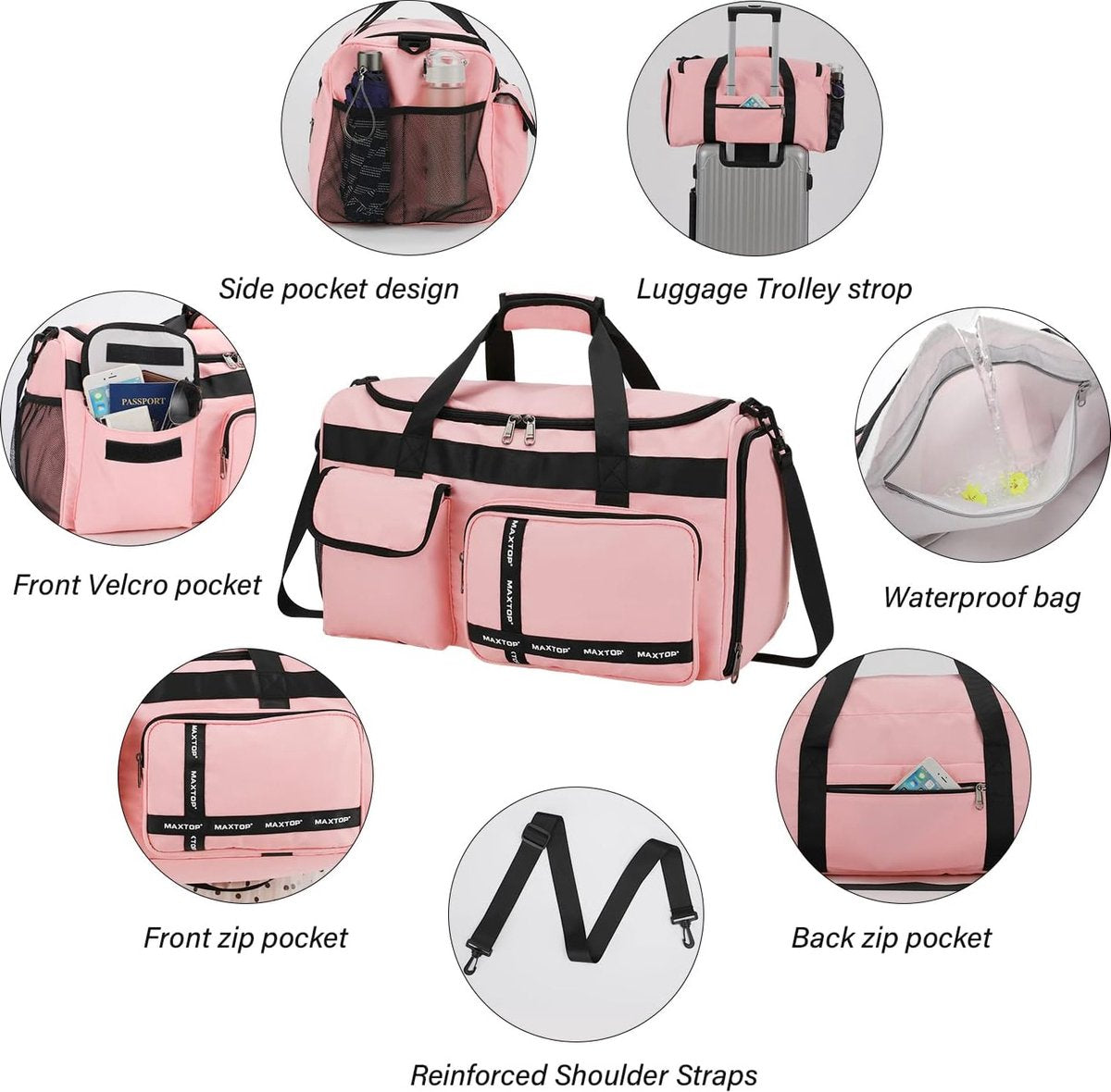 Travel Bag for Women with Shoe Compartment, Large Capacity and Wet/Dry Separation, Pink