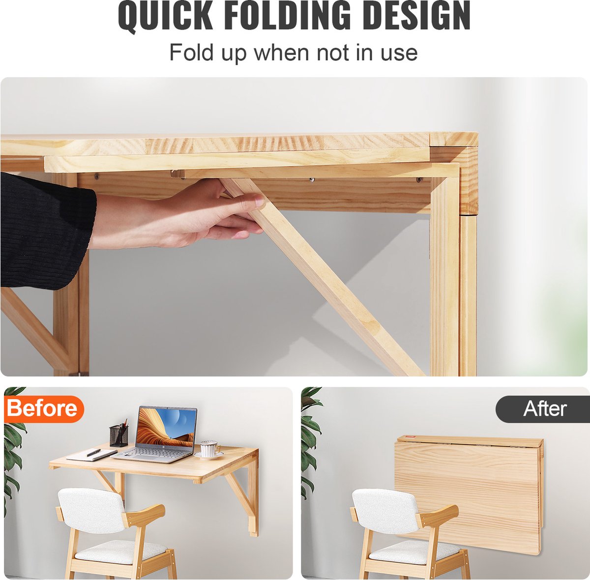 EliteNest® - Opvouwbare Wandtafel - Klaptafel - Ruimtebesparend Bureau - Draagkracht 45 kg - Massief Hout 80x60cm - Muurbevestiging - Inklapbaar - Zwevend - Werkblad - Eettafel - Multifunctioneel