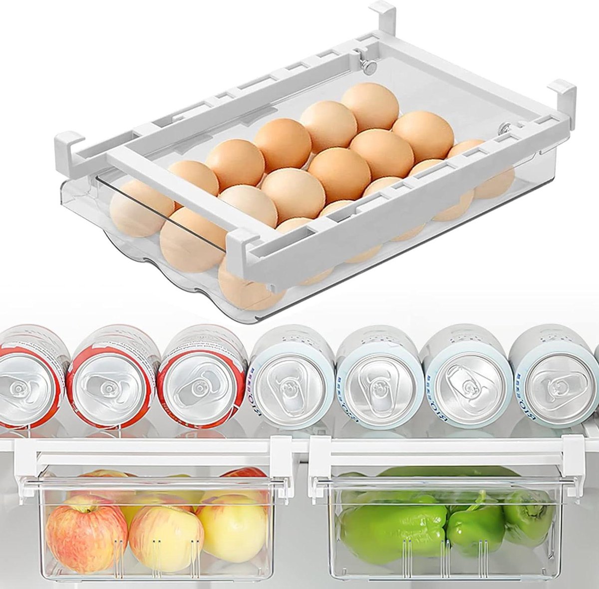 Drawer egg holder with slide rail and handle - Refrigerator egg drawer storage system - Plastic drawer egg storage
