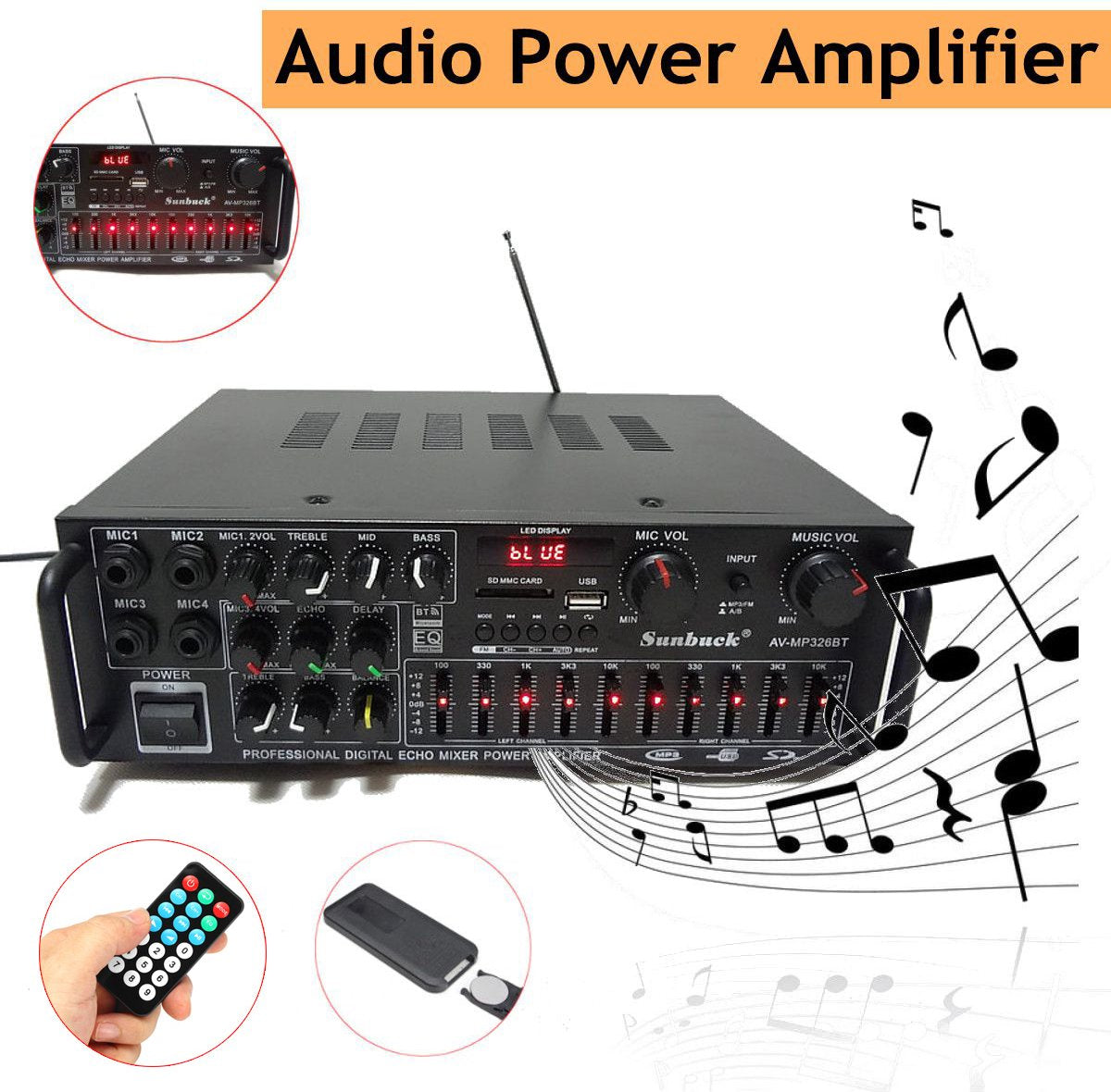 220V-240V Bluetooth Stereoversterker voor in de Auto-800W Autoluidsprekers-met Afstandsbediening-Zwart