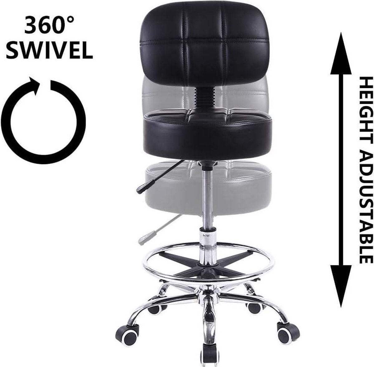 Height Adjustable Stool with Backrest - PU Leather Salon Chair with Wheels - Black