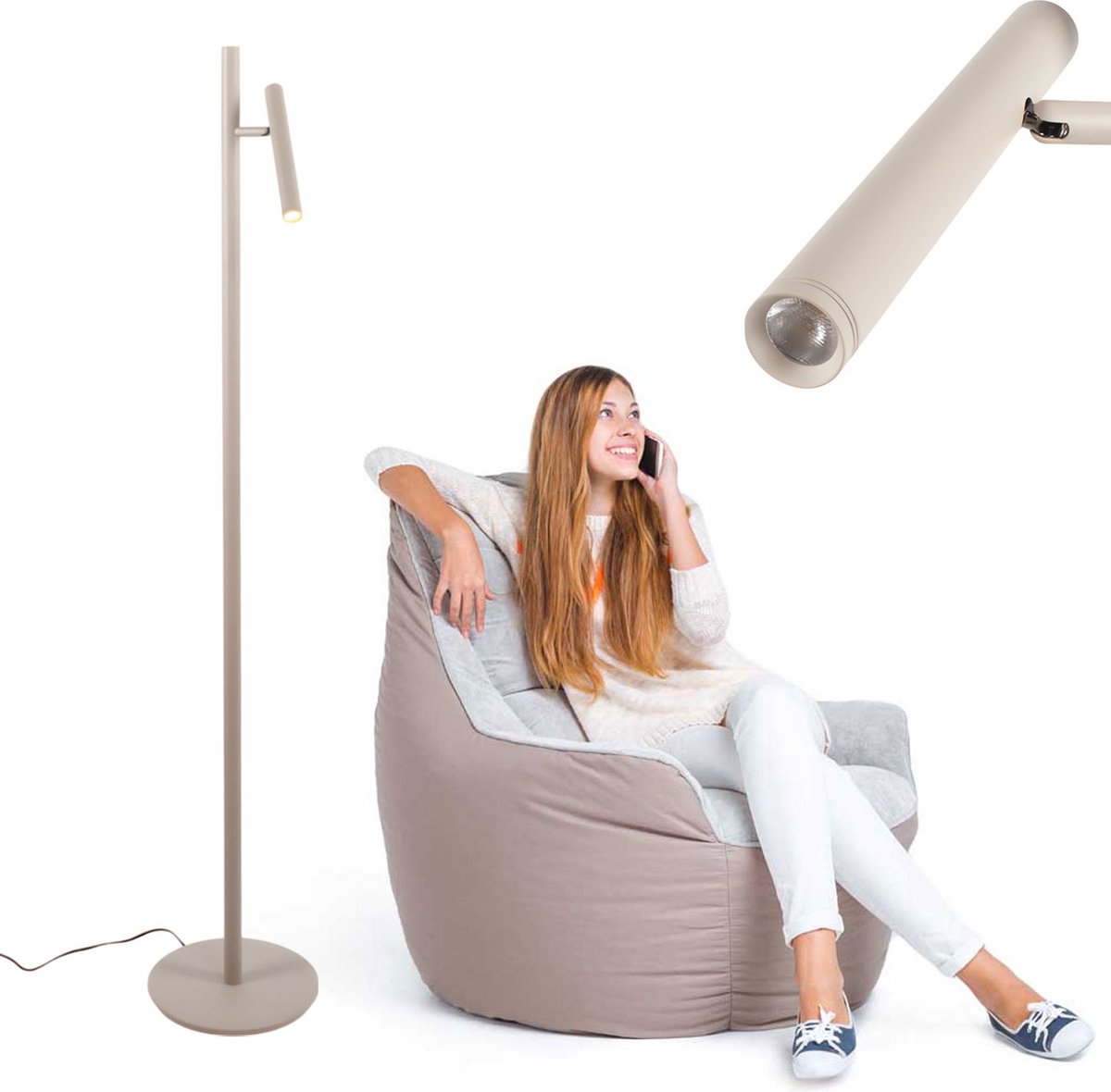Staande Luogo leeslamp | 1 lichts | zand / beige / crème | metaal | 133 cm | vloerlamp | dimbaar | modern design